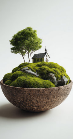 A close-up captures a miniature landscape. A small white church stands on a bed of green moss next to a vibrant green tree. The composition suggests a serene setting. The soft textures and light create a peaceful scene suitable for editorial or commercial applications.の素材