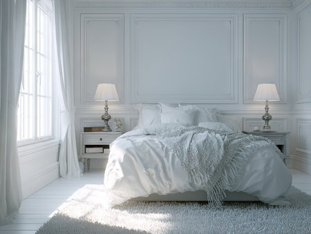 An all-white bedroom showcases a bed with pillows and bedding flanked by bedside tables with lamps. Sunlight streams in from a window covered by sheer curtains, illuminating the room. The clean design could be used for lifestyle imagery or interior design projects. The composition is bright and airy.の素材