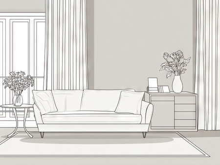 This interior illustration presents a clean living space, featuring a sofa, side table, and floral arrangements. The image uses grayscale tones to create a stylish, minimalist feel. This composition, with its lines and forms, suggests a modern living environment. Suitable for various design projects and editorial content.の素材
