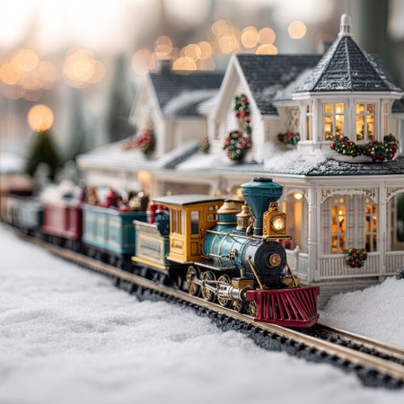 A detailed model train, painted in various colors, travels along tracks towards several miniature houses. The composition features soft focus bokeh in the background, suggesting an exterior, festive setting. The scene could be used for holiday-themed advertising, greeting cards, or editorial content.の素材