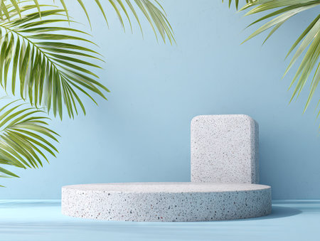 This image features a minimalist product display platform with a light blue backdrop and lush green palm leaves. The scene incorporates a textured, white platform with a rectangular back element, all set against a soft, diffused lighting. Ideal for showcasing products in commercial contexts or editorial projects.の素材