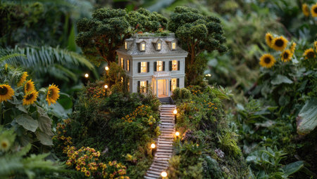 A detailed miniature house rests on a green hill, surrounded by dense foliage and sunflowers. The composition features a pathway leading to the house, with soft lighting and a blurred background. This visual could be used for various commercial projects related to nature, architecture, or lifestyle.の素材