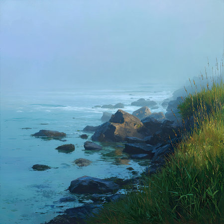 A tranquil coastal landscape showcases rocks in calm water with a foggy atmosphere. The scene displays soft blue and green hues and textured surfaces. Lush green vegetation borders the edge. Suitable for environmental themes, travel publications, or design projects, offering versatile visual appeal.の素材