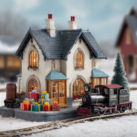 A miniature train station model showcases a festive holiday scene. The building features an arched architecture, soft lighting, and snow-covered environment. Gifts and a Christmas tree are placed near the miniature train. This image can be used for promotional materials, seasonal designs, and festive content.の素材