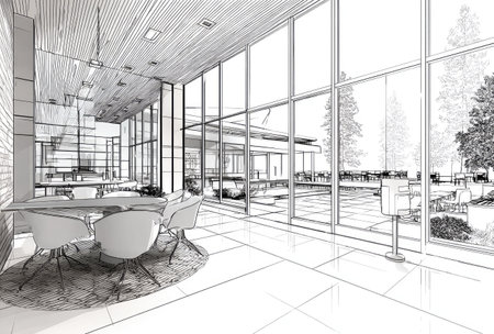 This black and white sketch depicts a modern interior space, featuring a large windowed facade. The design showcases a dining area with a table and chairs, complemented by a textured rug. The architectural rendering suggests a well-lit, open-plan environment suitable for various commercial or editorial applications.の素材