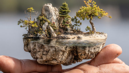 A miniature landscape scene is presented, featuring a small island with trees, rocks, and water. The composition showcases a detailed diorama, with textures and natural elements. The image is brightly lit, and suitable for commercial projects that require unique visual elements and creative design concepts.の素材
