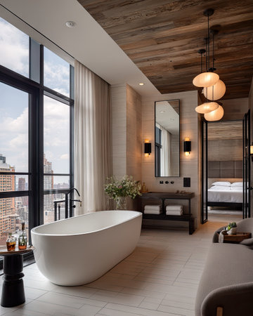 This interior photograph presents a luxury bathroom featuring a freestanding tub near expansive windows. The scene showcases neutral tones with wooden accents and warm lighting. The composition suggests a serene and inviting space, suitable for high-end residential or hospitality visuals. This image can be used for design, lifestyle, and advertising purposes.の素材
