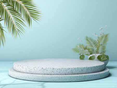 A minimalist composition showcases a textured, circular podium against a light blue backdrop. Palm leaves and decorative plants enhance the scene, with bright daylight illuminating the setting. This image is suitable for advertising, product presentation, or general design applications, providing a clean and versatile visual.の素材