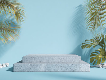 A minimalist pedestal is centered against a light blue backdrop, adorned with tropical palm leaves. The scene employs a soft, even lighting, highlighting the textures of the stone pedestal and the leaves. This composition suggests a serene, natural environment, suitable for product presentations or editorial content.の素材