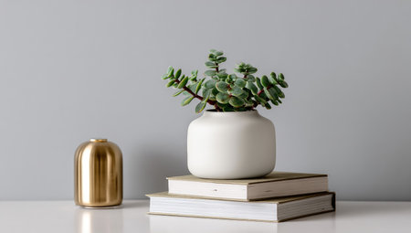 A close-up studio shot presents a white vase holding a green plant, placed atop stacked books. A gold vessel sits nearby, against a pale grey backdrop. The soft, natural lighting emphasizes the simple arrangement, suitable for home decor or lifestyle concepts. This composition is suitable for various editorial and commercial applications.の素材