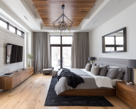 A well-lit bedroom interior showcases a large bed and wooden furnishings. Light wooden flooring complements the neutral color palette and elegant window treatments. This scene could be used for lifestyle, interior design, or real estate marketing materials. The setting indicates a modern design. The composition is balanced and inviting, suitable for various editorial and commercial applications.の素材