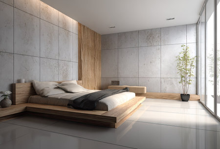This interior showcases a minimalist bedroom design with a low platform bed and neutral tones. The scene is illuminated by natural light streaming through a large window, highlighting the texture of the wooden paneling and the clean lines. This image could be used for architectural concepts or lifestyle publications.の素材