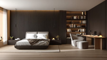 A contemporary bedroom scene presents a bed with white linens and a dark-toned accent wall. Warm lighting illuminates the space, including a desk area and bookshelves, indicating a blended workspace. The design uses neutral colors, creating a serene and sophisticated atmosphere suitable for architectural or lifestyle publications.の素材