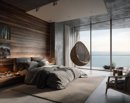 A contemporary bedroom showcases a relaxed design with a large window framing the ocean. The space features wooden walls, a plush bed, and a unique hanging chair. Warm tones and natural light create a welcoming atmosphere. Suitable for use in interior design publications and commercial projects.の素材