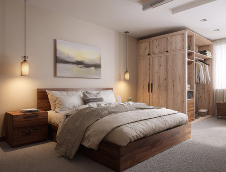 This interior photograph showcases a modern bedroom featuring a wooden bed, nightstand, and wardrobe. Soft bedding and a neutral color palette create a calming atmosphere. The composition includes pendant lights, a painting, and a window allowing natural light, potentially suitable for design, lifestyle, or architectural projects.の素材