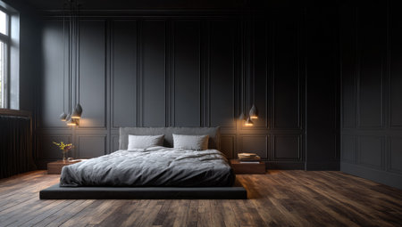 This image presents a modern bedroom interior featuring a dark color scheme. The composition includes a bed, wooden flooring, and decorative lights. The lighting creates shadows and highlights the textures of the surfaces. Suitable for editorial and commercial applications such as design or home decor.の素材
