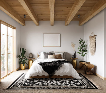 This interior showcases a modern bedroom with a bed, plants, and various decorative elements. The composition features neutral colors, natural light, and a wooden ceiling. It offers a glimpse of a comfortable space with a mix of textures. Suitable for commercial and editorial purposes.の素材