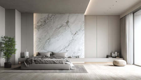 This image presents a modern bedroom interior featuring a large marble wall as a focal point. The scene showcases minimalist design principles with neutral colors, creating a serene ambiance. It could be useful for illustrating home decor, interior design concepts, or lifestyle themes. The composition benefits from soft lighting and clean lines.の素材