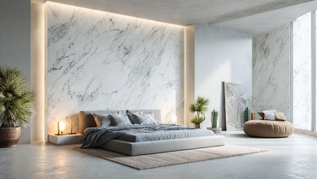 This image showcases a modern bedroom interior featuring a large bed and a textured marble wall. The room is illuminated by ambient lighting, enhancing the soft tones of the decor. The scene suggests a spacious and relaxing atmosphere. Suitable for use in design, lifestyle, or architectural projects.の素材