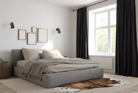 A modern bedroom interior features a bed, framed wall art, and a large window. The scene showcases neutral tones with accents of black and warm textures. This composition offers clean lines with potential uses in home design, real estate marketing, and lifestyle content.の素材