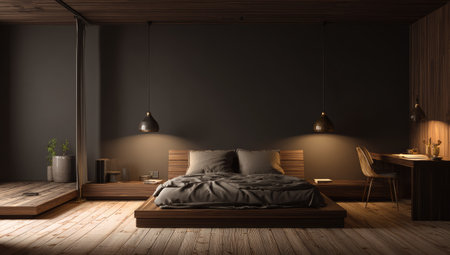 This image showcases a modern bedroom design, featuring a bed, a desk, and wooden flooring. The room has a dark color palette with warm lighting illuminating the space. The composition includes carefully arranged furniture, suggesting comfort and functionality suitable for various commercial uses.の素材