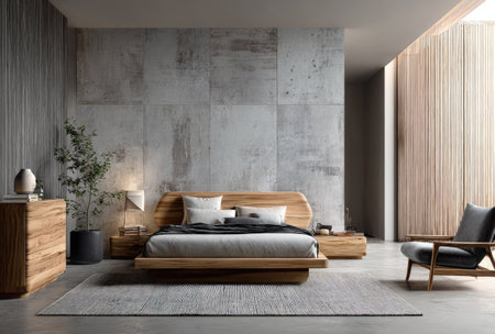 This image showcases a modern bedroom with a wooden bed as the focal point. The scene features a minimalist design with neutral colors and textures. Elements include a wooden dresser, side tables, and a comfortable armchair. The lighting suggests a bright, airy space, suitable for various commercial uses.の素材