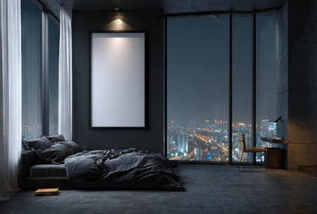 A contemporary bedroom showcases a bed with dark bedding and a large, empty frame. Natural light streams from expansive windows offering a night view of city lights. The scene is illuminated by subtle artificial lights, creating a moody ambiance suitable for various commercial purposes and interior design concepts.の素材