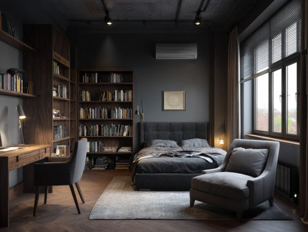 A contemporary bedroom scene features a bed, bookshelves, desk, and chair, showcasing a minimalist interior. The composition exhibits a dark color palette. The room appears well-lit, suggesting a focus on space and design. This image is suitable for various commercial purposes, including design and lifestyle content.の素材