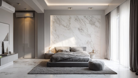 This image presents a modern bedroom design, showcasing a central bed with gray bedding. A marble-patterned wall serves as a backdrop, complemented by neutral tones. Soft lighting and draped curtains create a sense of calm. Suitable for lifestyle, design, or architectural editorial and commercial applications.の素材