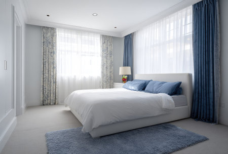 This interior photograph showcases a bright bedroom with a large bed adorned with blue pillows. White curtains and blue drapes frame large windows, allowing natural light to fill the space. The composition suggests a clean and minimalist style, suitable for various commercial or editorial applications.の素材