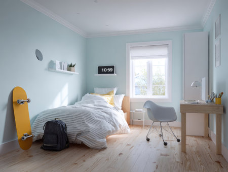 A contemporary bedroom scene showcases a bed, desk, and skateboard against a soft blue wall. The room features natural lighting through a window, illuminating the wood flooring and minimalist furniture. This image can be used for interior design projects, lifestyle articles, and other commercial applications.の素材