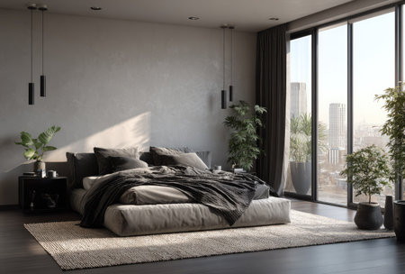 A modern bedroom features a large bed with neutral bedding, complemented by potted plants and a large window. The space is filled with natural daylight, casting shadows and highlighting the textures of the room. This serene setting could be used for interior design presentations or lifestyle advertising.の素材