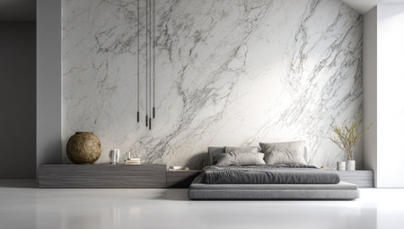 This interior scene showcases a contemporary bedroom design featuring a prominent marble wall. The composition includes a bed, minimalist decor, and soft lighting. The neutral color palette and clean lines suggest a sense of calm. Suitable for a variety of commercial applications, this image is ideal for use in design or lifestyle contexts.の素材