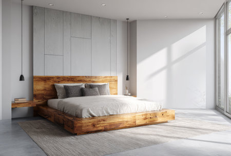A contemporary bedroom showcases a wooden bed with gray pillows and white bedding. The room is illuminated by soft daylight from a large window. Neutral tones dominate the space, with minimalist design and clean lines. Suitable for illustrating interior design or lifestyle concepts.の素材