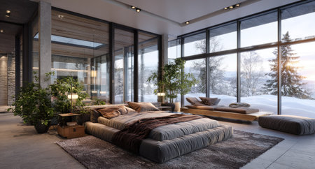 A spacious bedroom features a large bed and expansive windows offering a view of a snowy landscape. The composition utilizes natural lighting, highlighting the textures of the bed linens and the surrounding plants. This image is suitable for various commercial uses, including interior design and lifestyle concepts.の素材