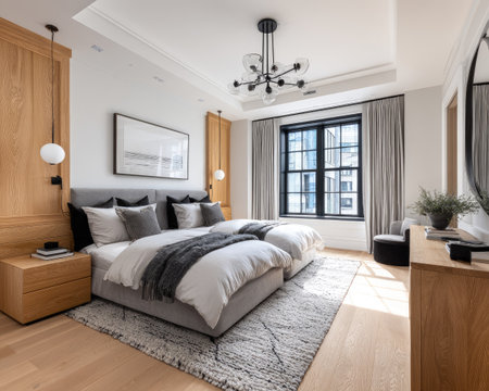 This interior showcases a spacious bedroom with two beds. The scene is illuminated by natural light, highlighting the neutral color palette. The composition features a symmetrical arrangement, modern furniture, and subtle textures. It is suitable for architectural visualizations, real estate promotions, or lifestyle content.の素材