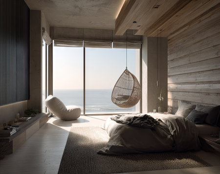 This image presents a contemporary bedroom featuring a large window that frames a scenic ocean view. The space incorporates neutral tones, with wood paneling and natural textures. A hanging chair and modern furniture create a relaxing ambiance. This photograph can be used for interior design, lifestyle, and travel projects.の素材