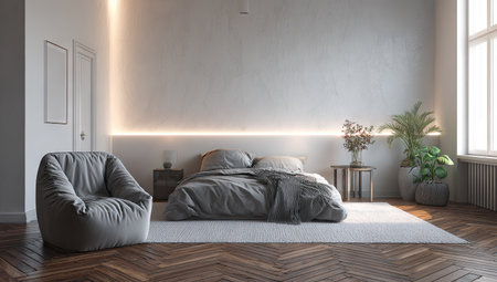 This interior scene showcases a contemporary bedroom with a bed, comfortable chair, and decorative plants. The design incorporates natural light, illuminating the space. The composition features a neutral color palette, creating a serene and inviting atmosphere. Ideal for use in architectural, design, and lifestyle publications, or in advertising campaigns.の素材