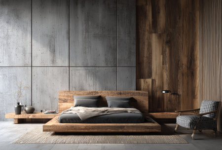 This interior design image showcases a modern bedroom with a wooden bed frame, a patterned bedspread, and a concrete wall. The scene is illuminated by natural sunlight, highlighting the textures of the wood and the wall panels. The image presents a clean and contemporary aesthetic, suitable for use in design publications or architectural marketing materials.の素材