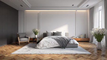 This image showcases a modern bedroom interior featuring a bed with pillows and blankets. The room exhibits a neutral color palette with white walls, wooden floors, and a soft rug. Sunlight streams in through the window, illuminating the space, enhancing textures, and creating shadows. Suitable for use in lifestyle or interior design applications.の素材