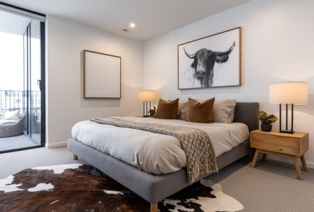 This interior photograph showcases a modern bedroom featuring a bed, artwork, and various design elements. The composition includes a rug, lamps, and a balcony view, suggesting a spacious and well-lit environment. The image is suitable for use in architectural, lifestyle, and home decor publications and commercial projects.の素材