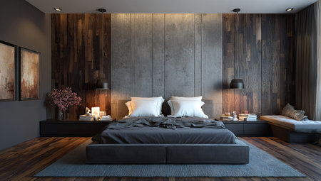 This interior depicts a contemporary bedroom featuring a bed with pillows, surrounded by wooden panels and concrete walls. Warm lighting highlights the textures of the room. This image could be used for various commercial purposes, including architectural design or home decor publications.の素材