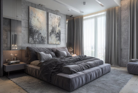 This interior image showcases a modern bedroom design featuring a large gray bed with multiple pillows and a soft, textured blanket. The room is decorated in shades of gray, with abstract paintings on the wall and long, flowing curtains. The setting implies an indoor space with natural light. Suitable for commercial or editorial applications.の素材