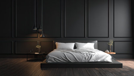 This interior photograph presents a bedroom scene featuring a minimalist bed with white linens and pillows. The composition highlights a dark wall with decorative panels. The lighting is soft, creating a mood. It could be used for architectural visualization or interior design publications.の素材