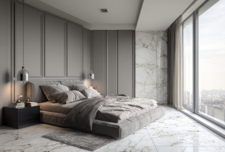This image showcases a modern bedroom with a comfortable bed and a large window. The space is filled with neutral tones like gray and white, with marble flooring and paneling adding texture. Natural lighting streams in, enhancing the room's spaciousness. This image could be used for architectural projects or interior design publications.の素材
