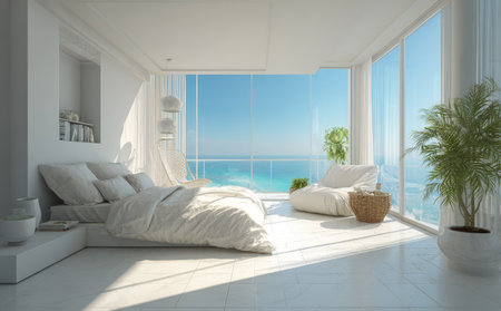 This interior showcases a bright bedroom with a bed, seating area, and large windows. The scene is bathed in natural light, featuring neutral tones and a minimalist style. The view includes the ocean and sky. Suitable for use in lifestyle, real estate, or design related projects.の素材
