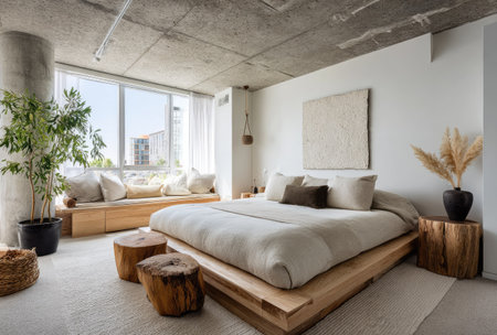 A well-lit bedroom showcases a wooden bed with neutral bedding, complemented by organic elements. The composition includes a large window, a bench, and indoor plants, suggesting an urban dwelling. The minimalist decor with natural materials is suitable for lifestyle and design publications.の素材
