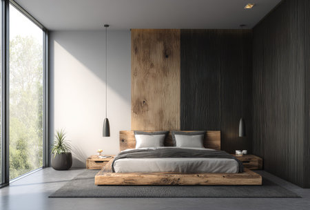 This interior photograph depicts a contemporary bedroom with a minimalist design. The room features a wooden bed frame, a large window, and contrasting wall panels in black, white, and wood tones. The composition showcases a clean aesthetic, suggesting a modern and inviting space, suitable for architectural, design, or lifestyle publications.の素材