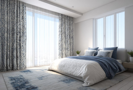 A well-lit bedroom featuring a large bed with pillows and a blue blanket. Sheer curtains and large windows provide natural light. The room's composition includes a patterned rug, creating a serene and inviting atmosphere suitable for various interior design projects or commercial uses.の素材