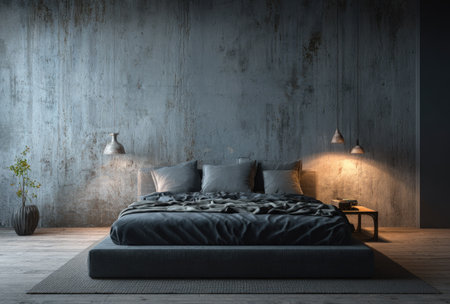 A modern bedroom interior is showcased, featuring a bed with pillows and bedding. The scene has a neutral color palette with a textured wall. Ambient lighting illuminates the bed and side table. Suitable for illustrating interior design, lifestyle, and home decor themes in various media.の素材